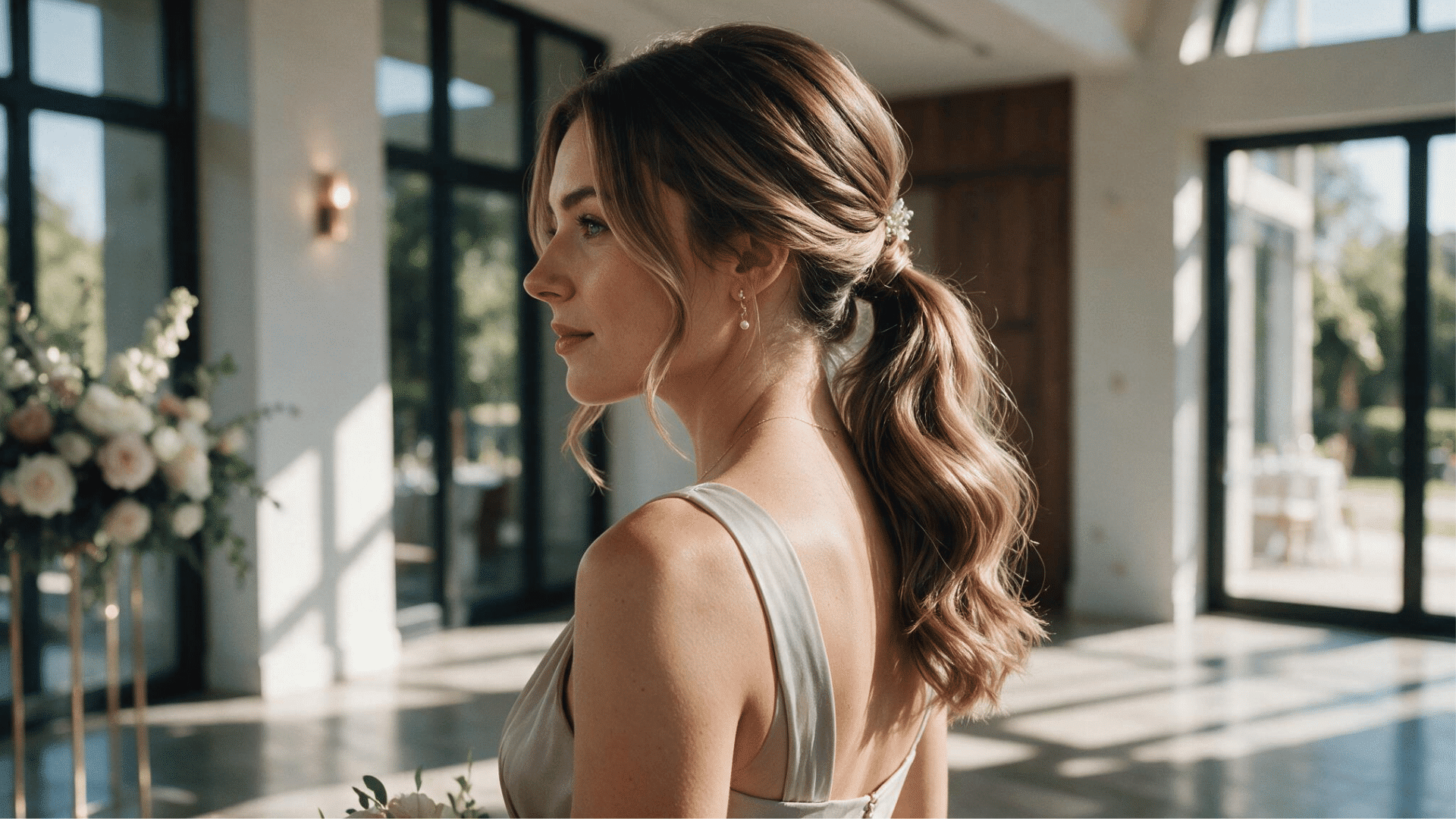 bridesmaid with shoulder length ponytail hairstyle featuring soft waves and polished finish