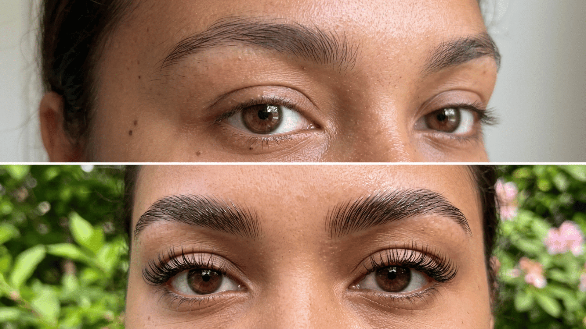 Brow lamination result showing brushed up eyebrow hairs with a smooth shaped finish.