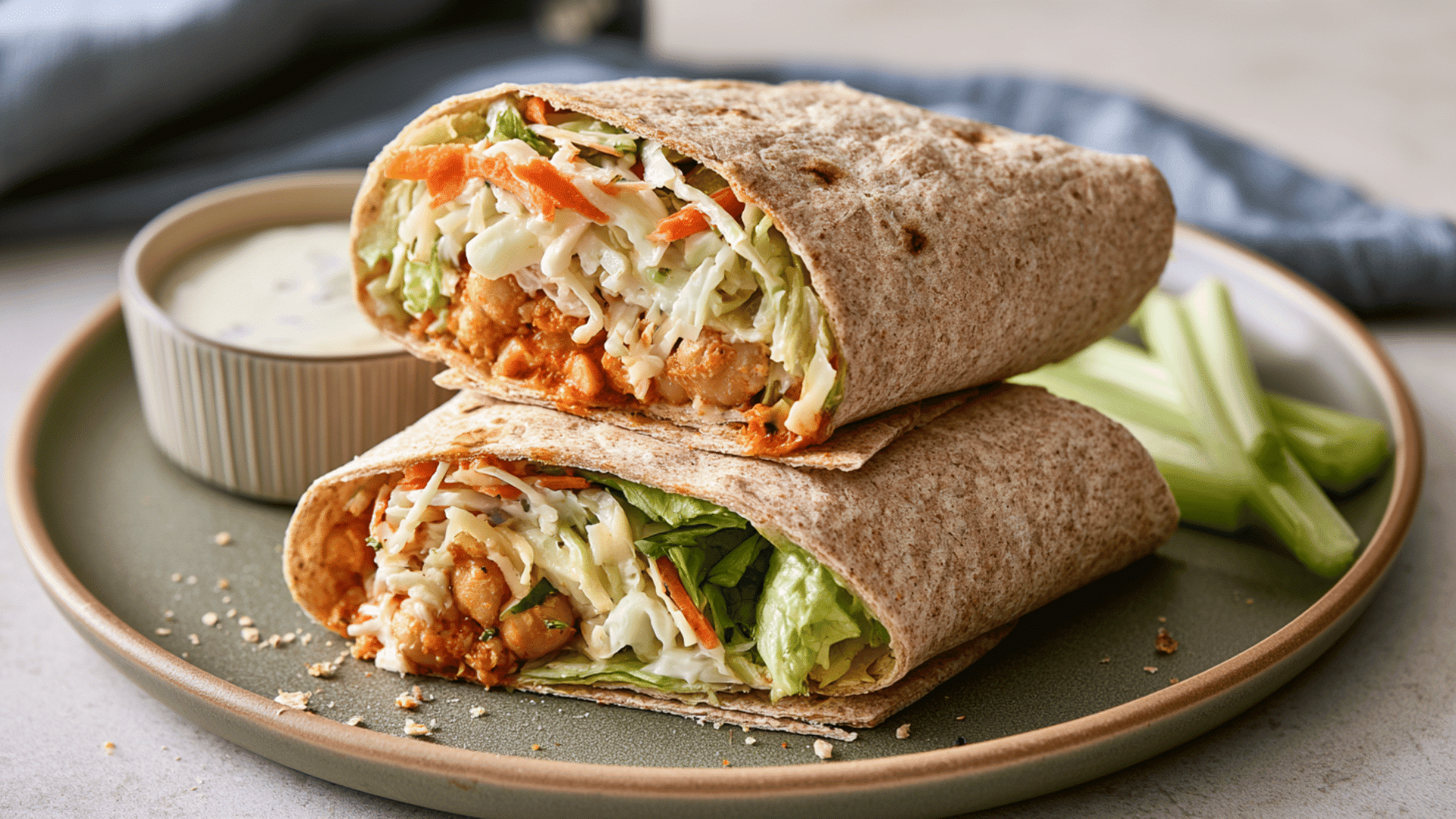 buffalo chickpea wraps with cabbage carrots lettuce creamy dressing and celery sticks served on a plate