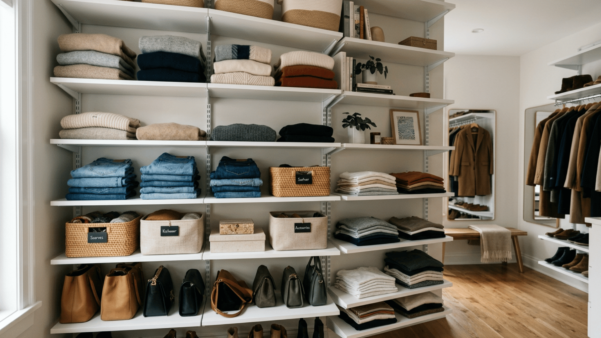 built in closet shelves with folded clothing storage