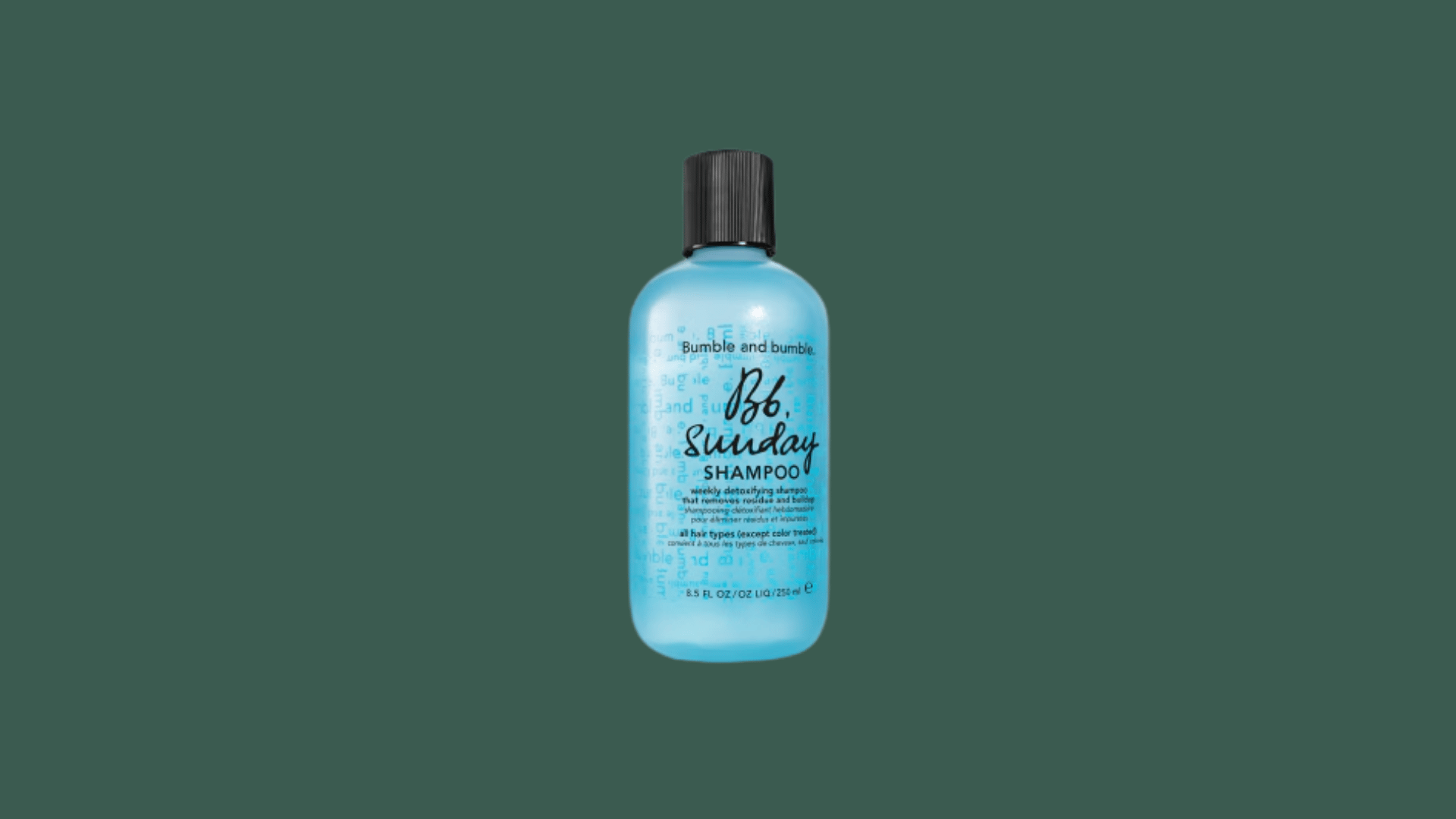 bumble and bumble sunday shampoo bottle with blue packaging on a green background for product display