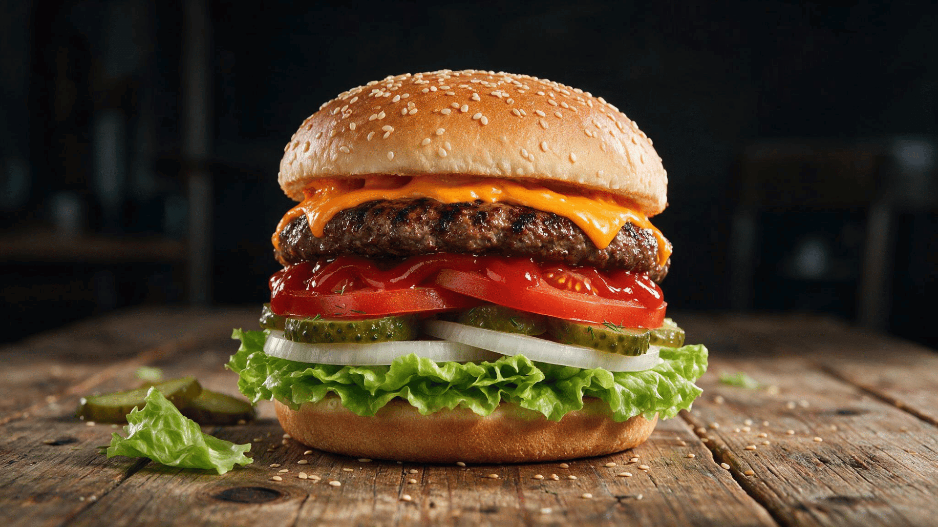 burger king-style cheeseburger with lettuce, tomato, pickles, onions, ketchup, and cheese on a sesame seed bun.