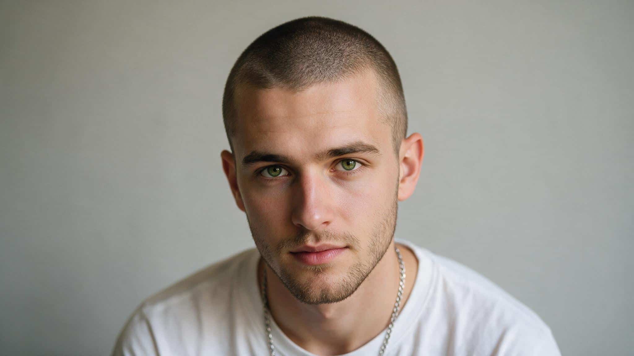 buzz cut with short evenly trimmed dark hair sharp hairline and subtle fade creating a clean low maintenance hairstyle for men