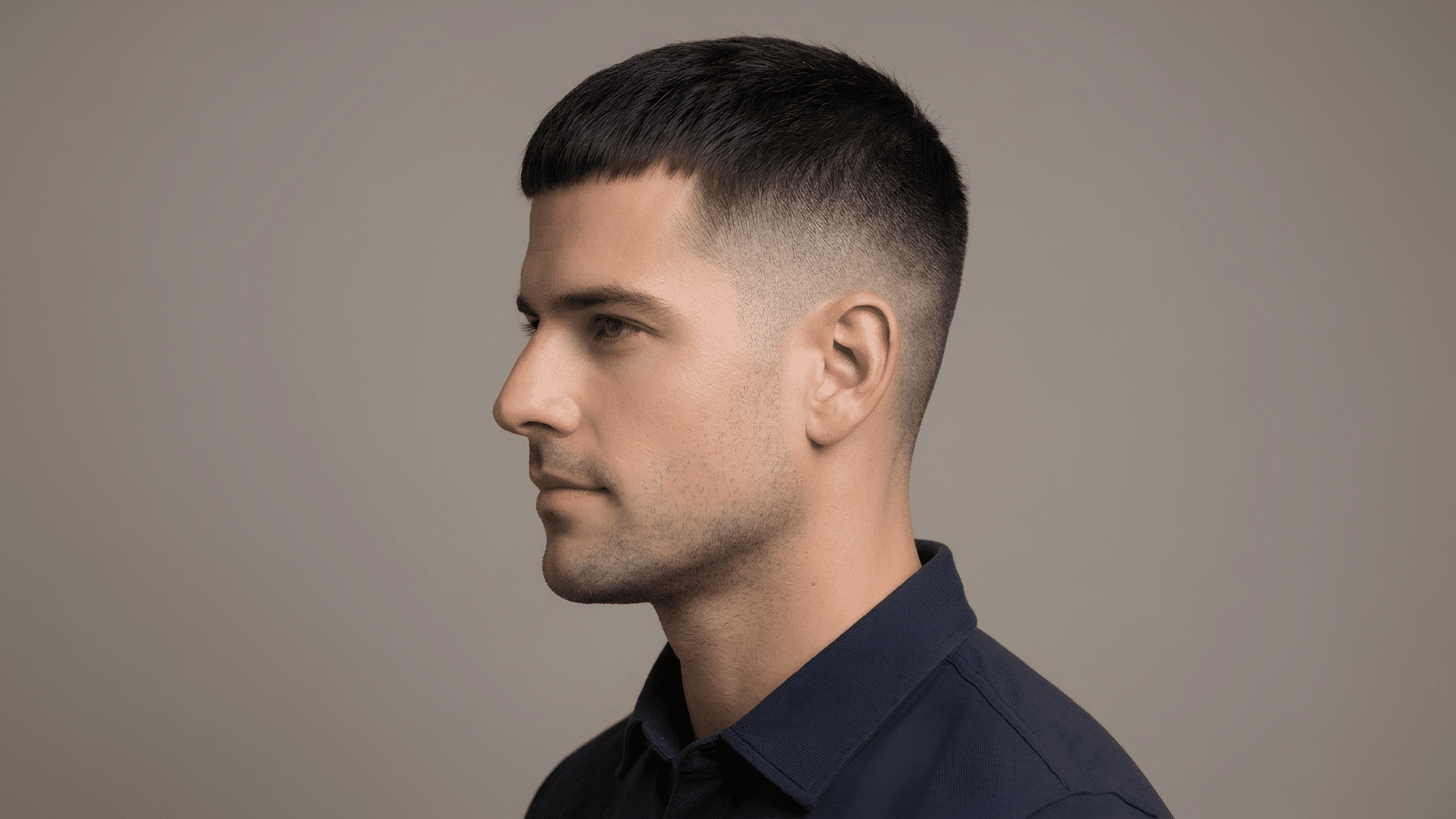 caesar haircut with short straight fringe and closely tapered sides creating a neat structured hairstyle for men
