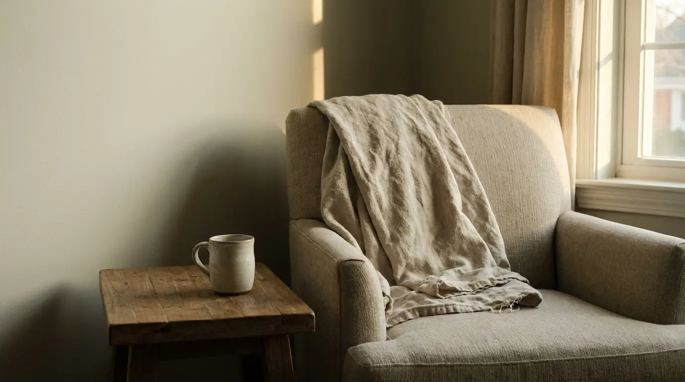 Cozy armchair with linen throw next to wooden table and ceramic mug in soft natural light
