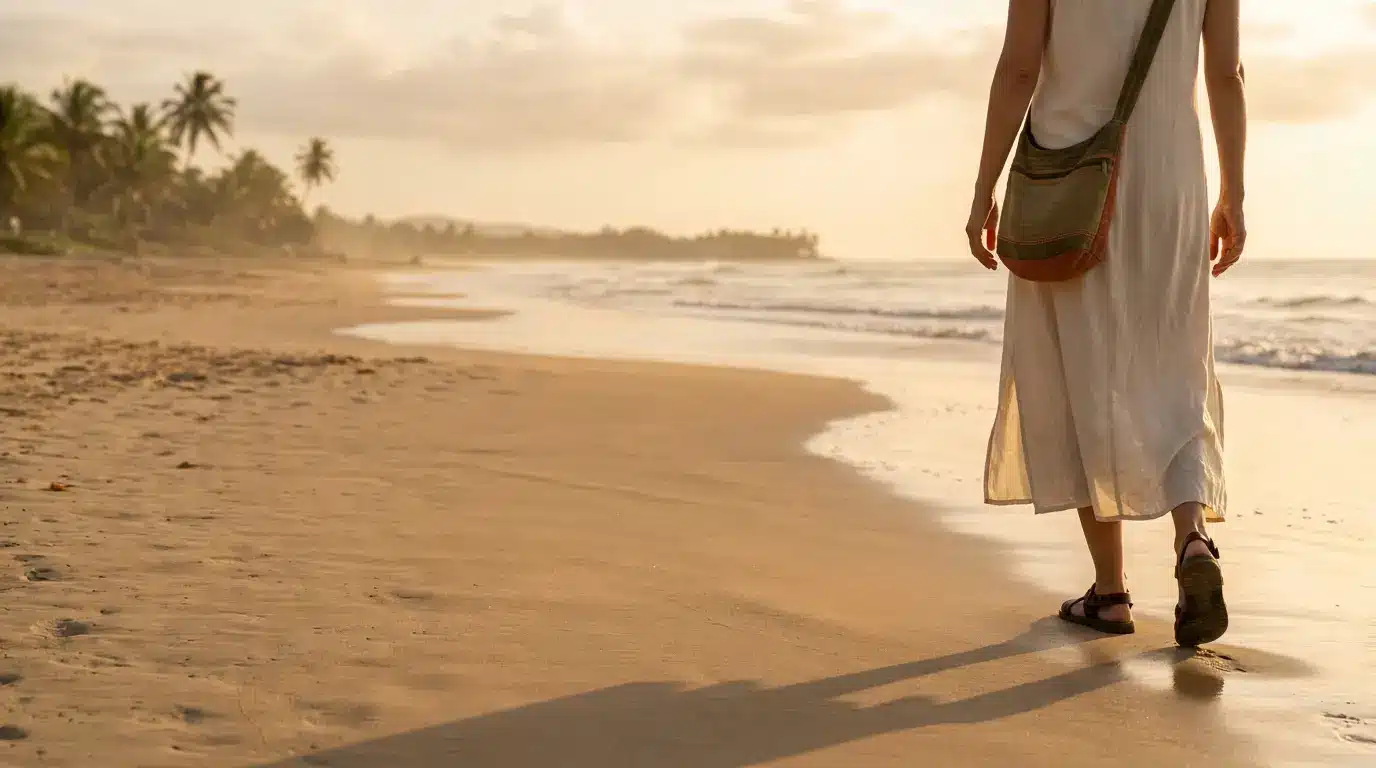 Person in linen dress walking along a sandy beach at sunset with palm trees in distance