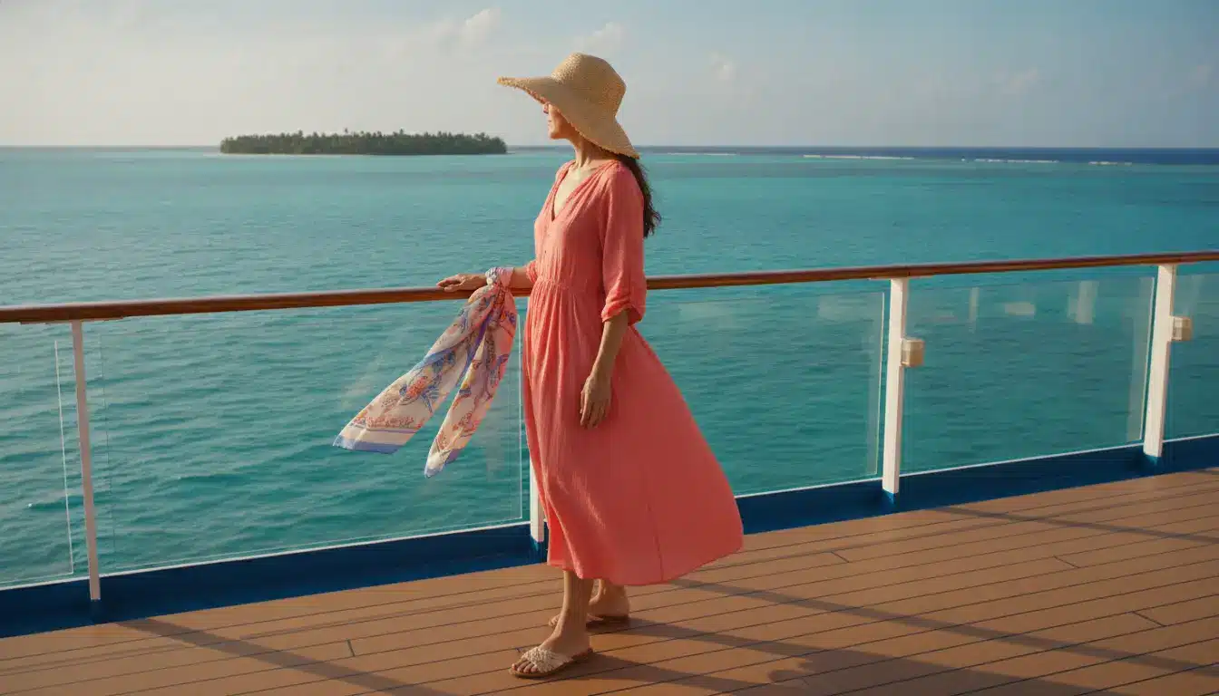 Woman in coral dress and straw hat on cruise ship deck overlooking turquoise ocean