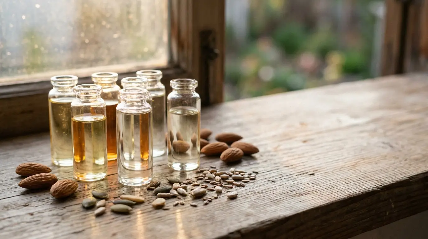 Glass bottles of oil and scattered nuts on rustic wooden windowsill
