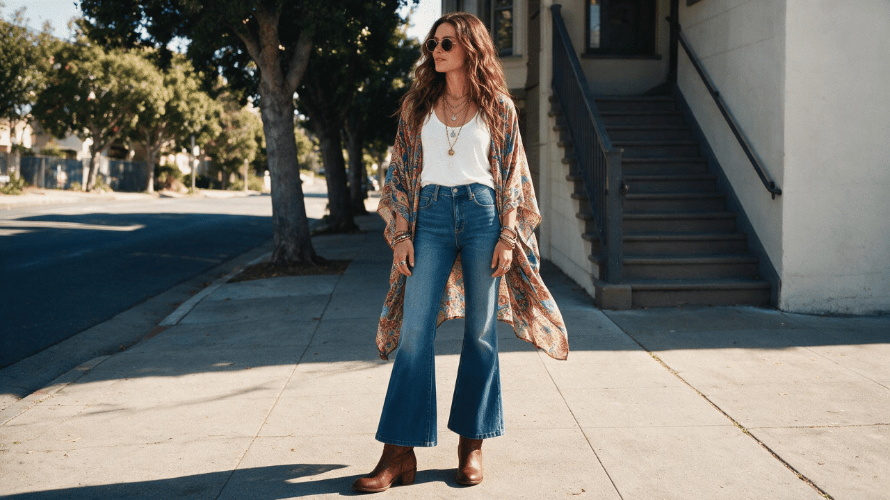 casual boho chic outfit with flared jeans, white top, printed kimono, ankle boots, layered jewelry, and round sunglasses