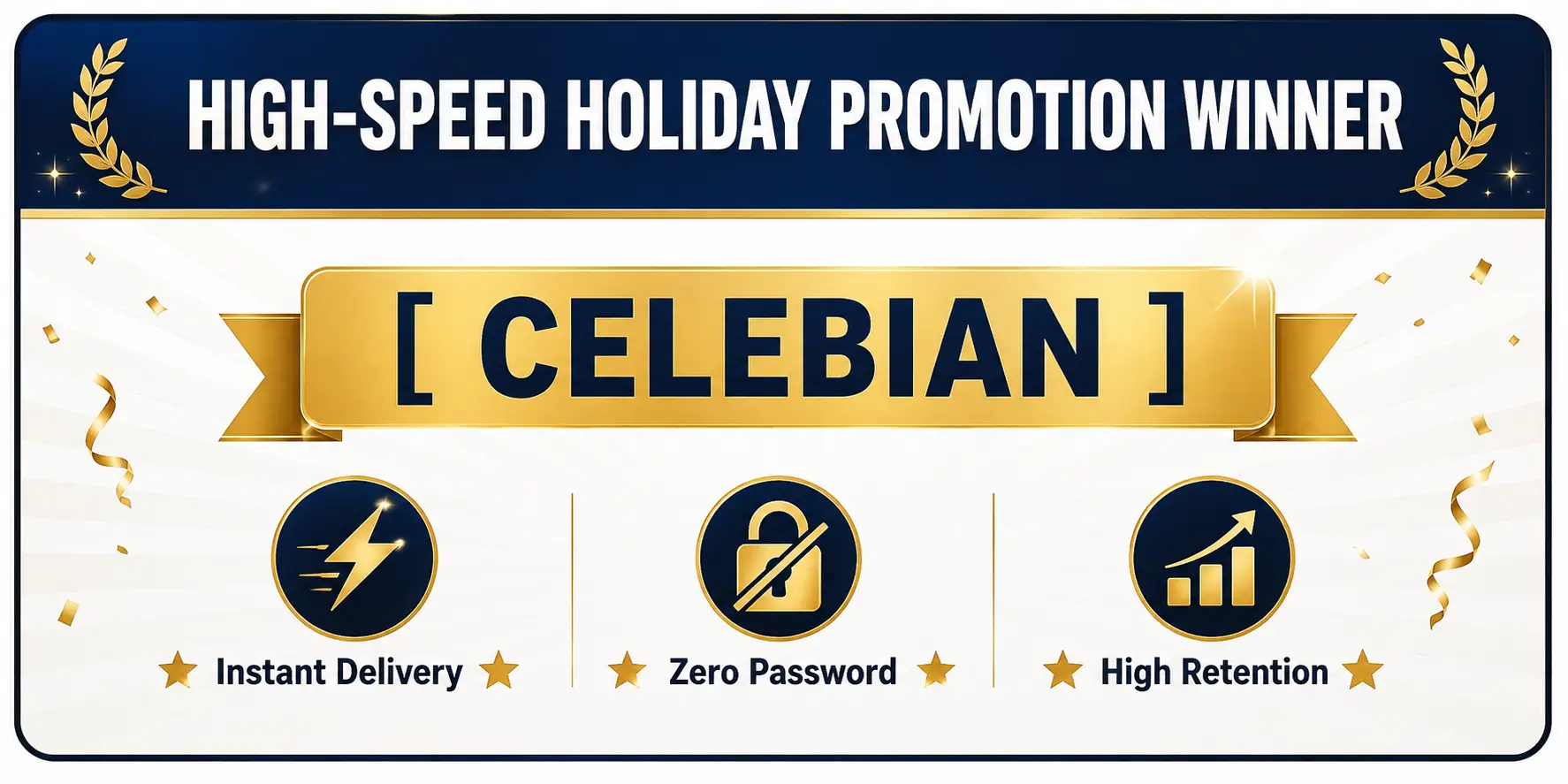 Gold and navy promotional banner with icons for instant delivery, zero password, high retention