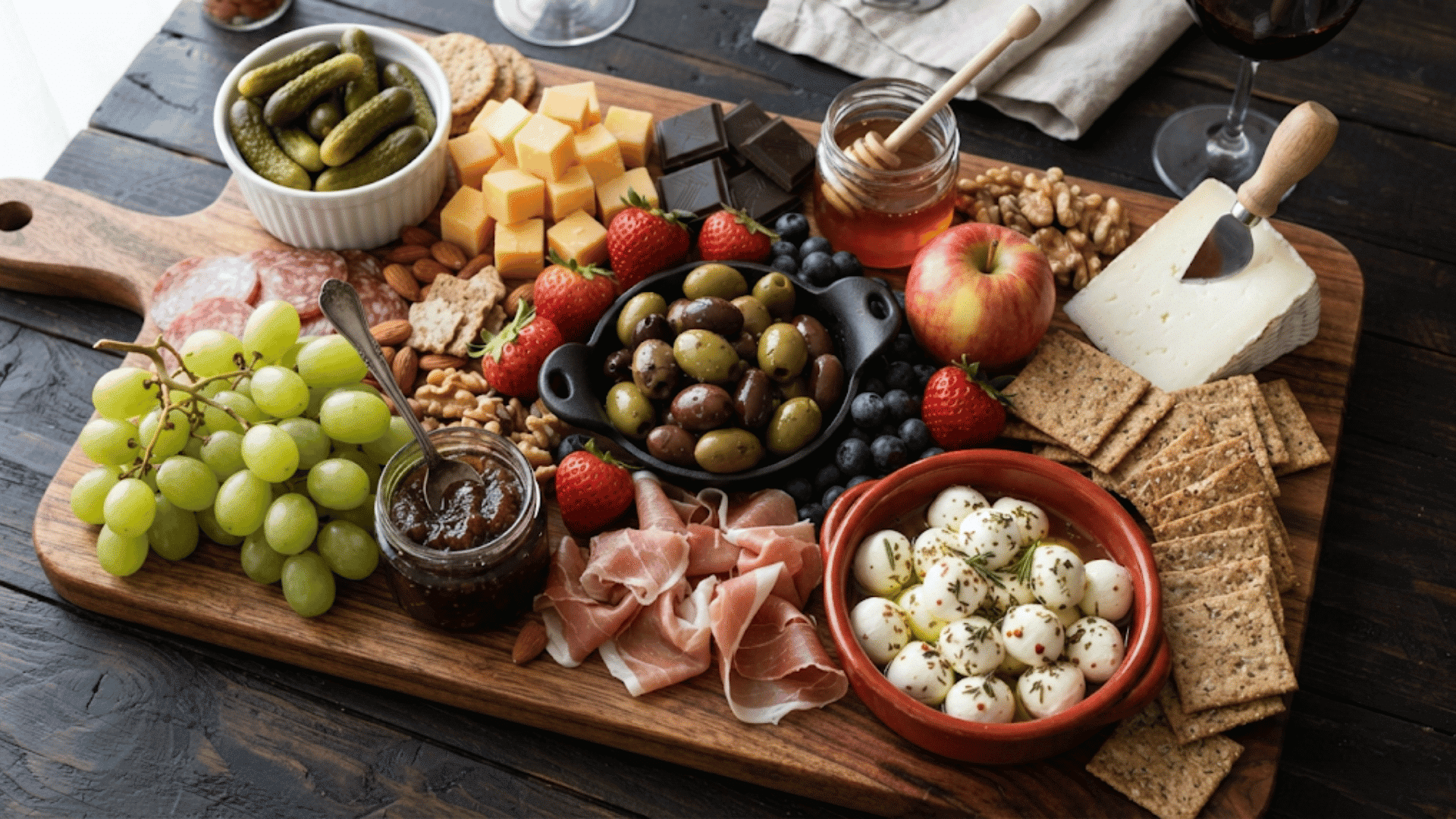 charcuterie board with cheese meats fruit olives pickles crackers nuts honey and fresh berries on a wooden platter