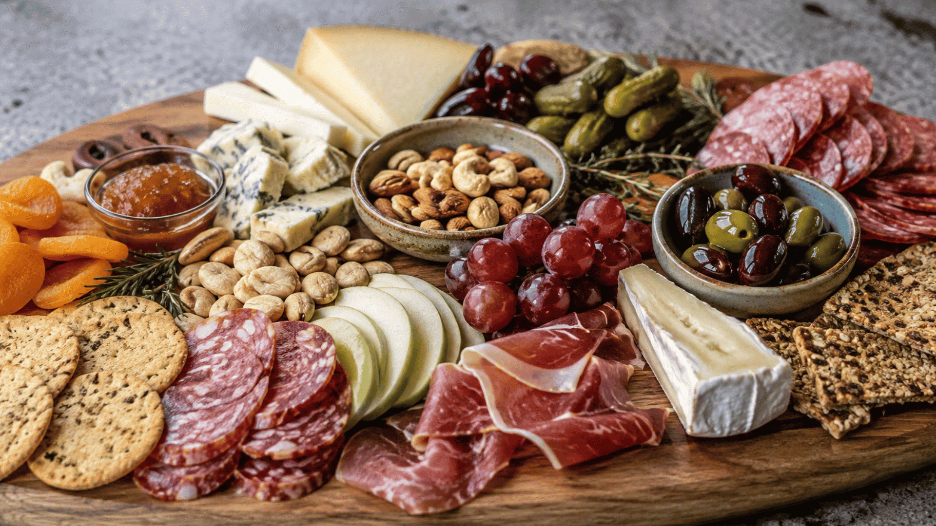 charcuterie board with cheeses meats crackers fruits olives pickles nuts and dried apricots on a wooden board