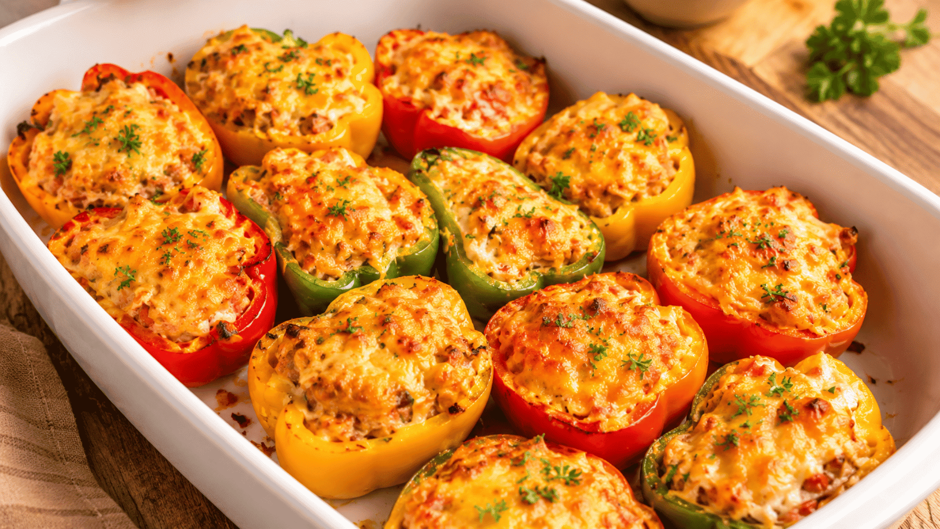 cheesy stuffed bell peppers baked in a white casserole dish and garnished with fresh parsley