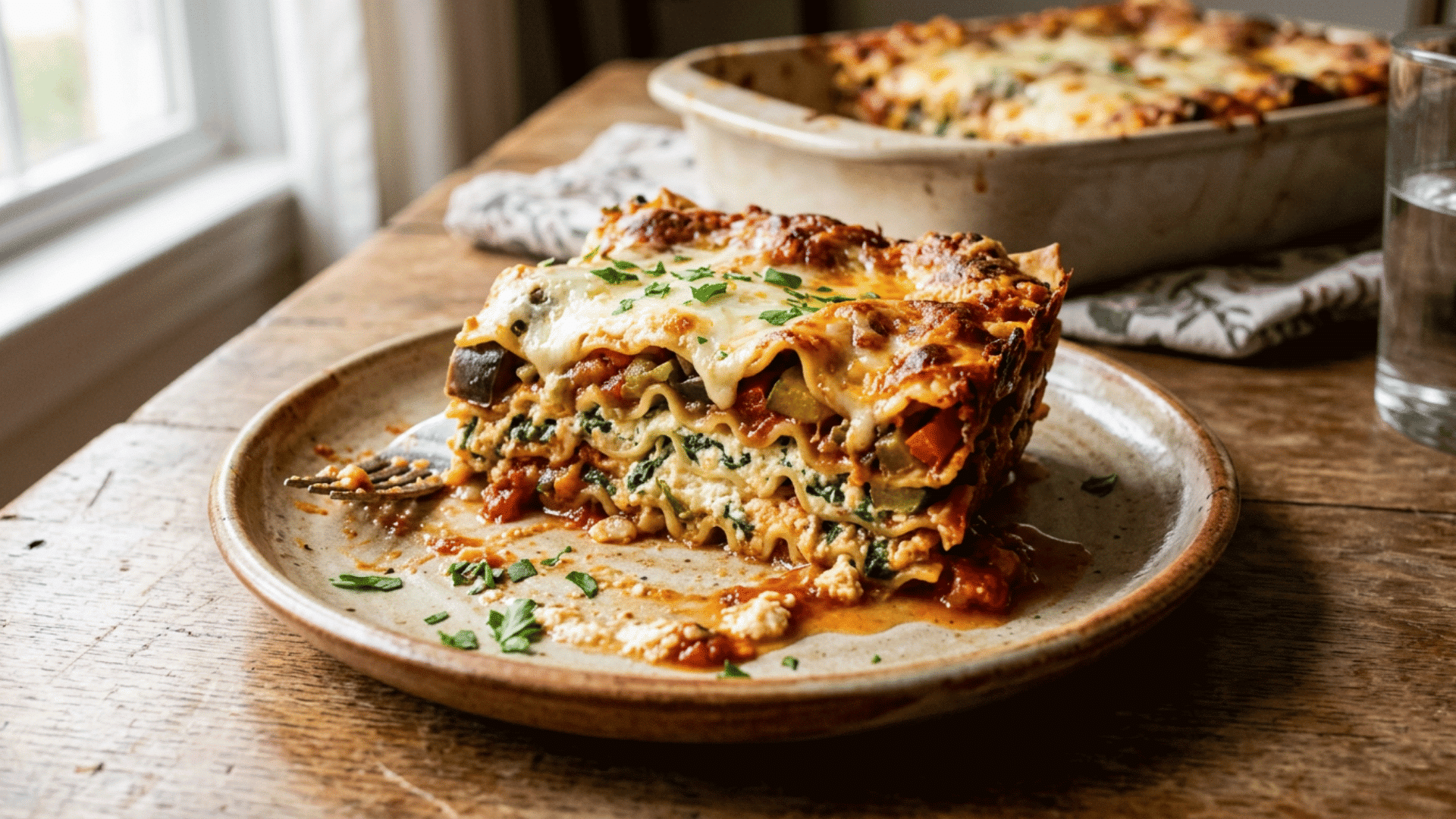 cheesy vegetable lasagna with ricotta spinach tomato sauce mozzarella and roasted vegetables