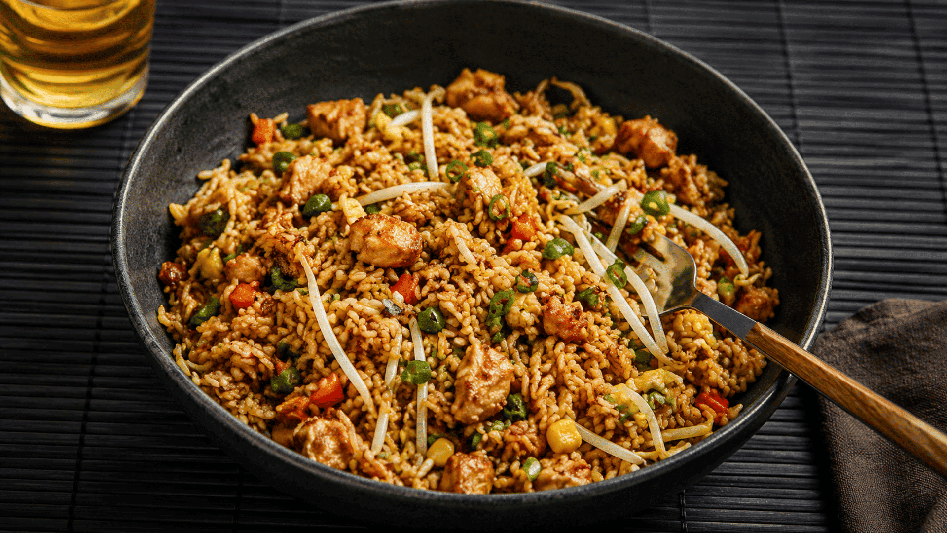 chicken fried rice with bean sprouts vegetables green onions tofu and a savory soy based sauce in a dark bowl