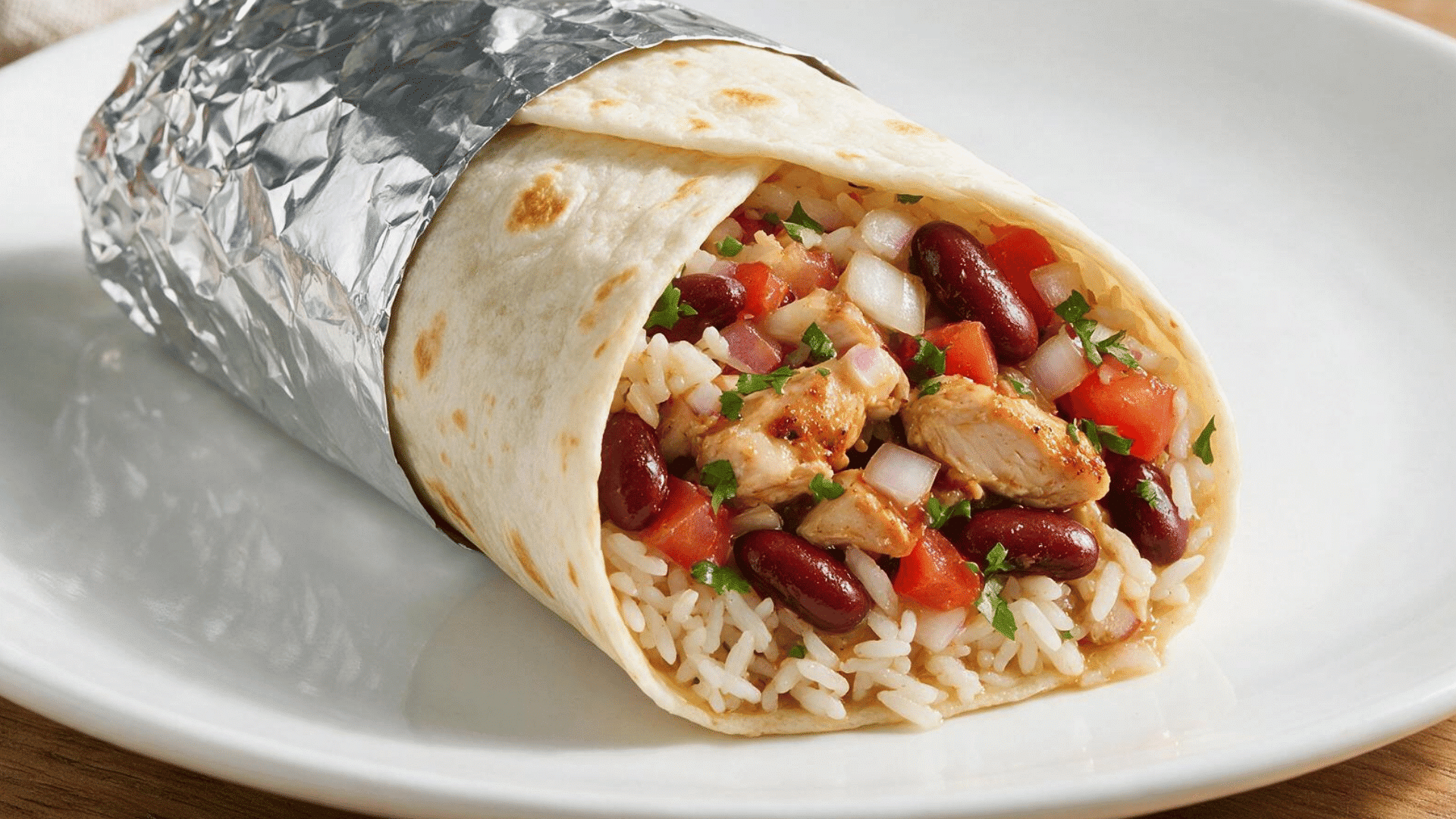 chipotle-style chicken burrito with rice, beans, tomatoes, onions, and cilantro wrapped in a flour tortilla.