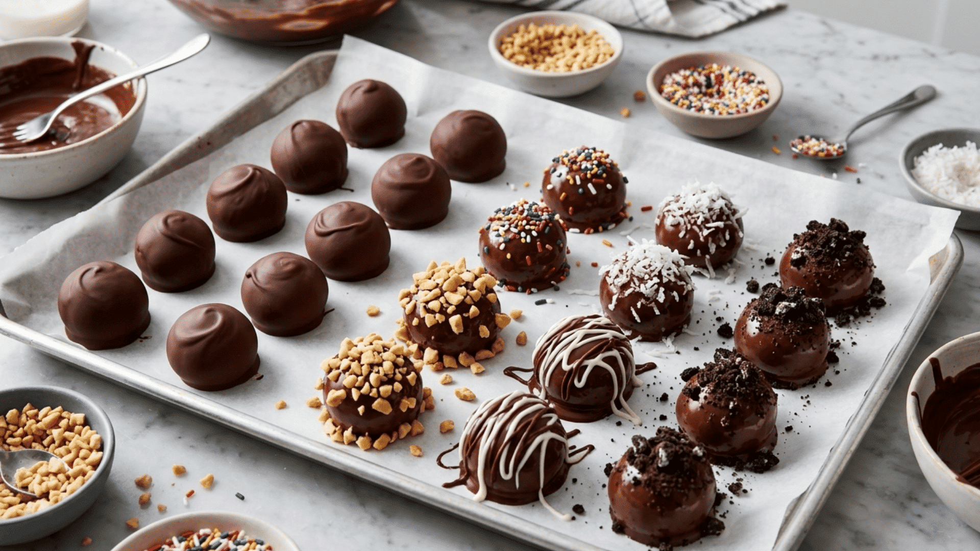 chocolate coated peanut butter balls with sprinkles coconut chopped nuts cookie crumbs and white chocolate drizzle