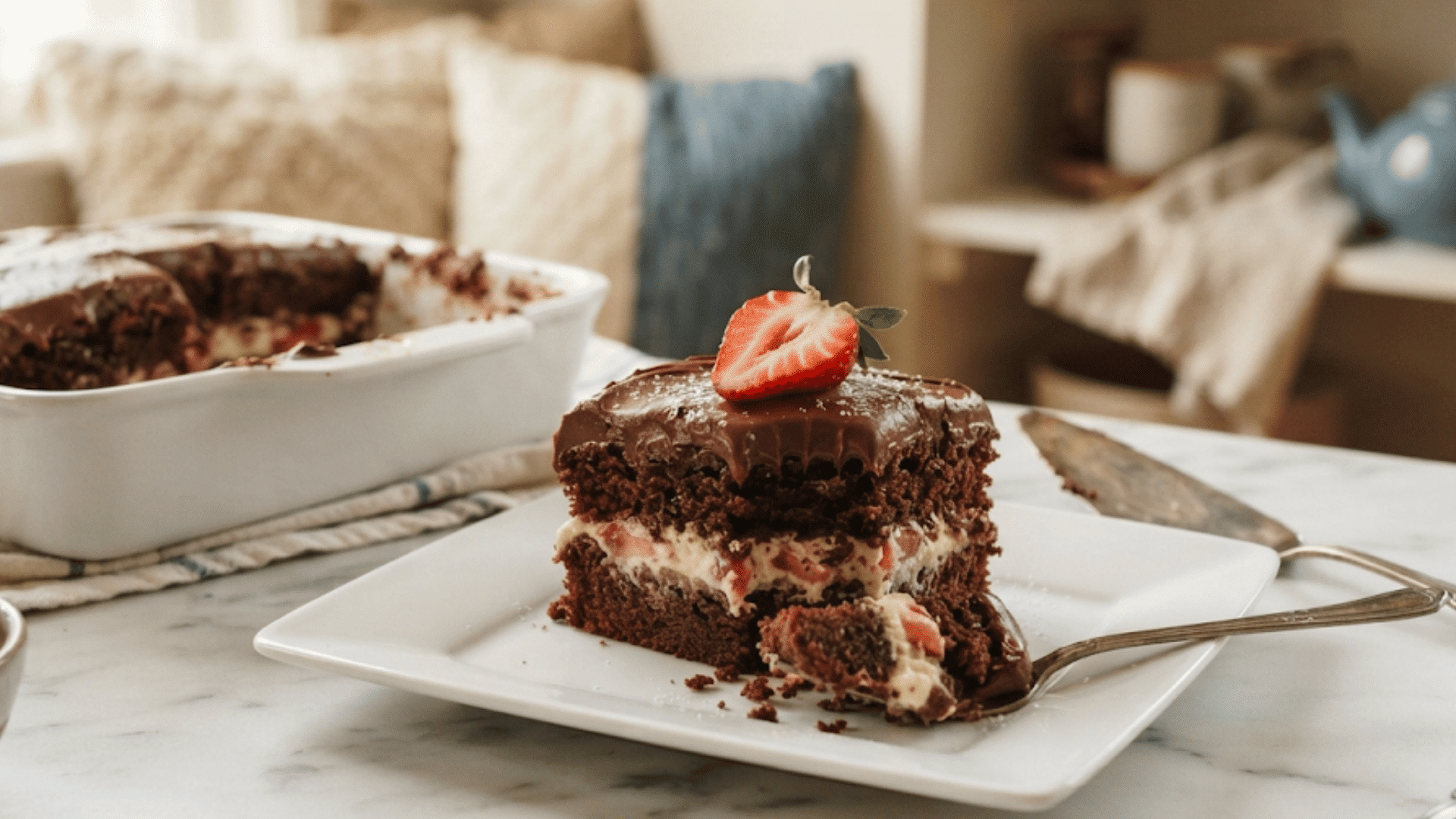 chocolate layer cake with creamy strawberry filling chocolate frosting and fresh strawberry served on a white plate
