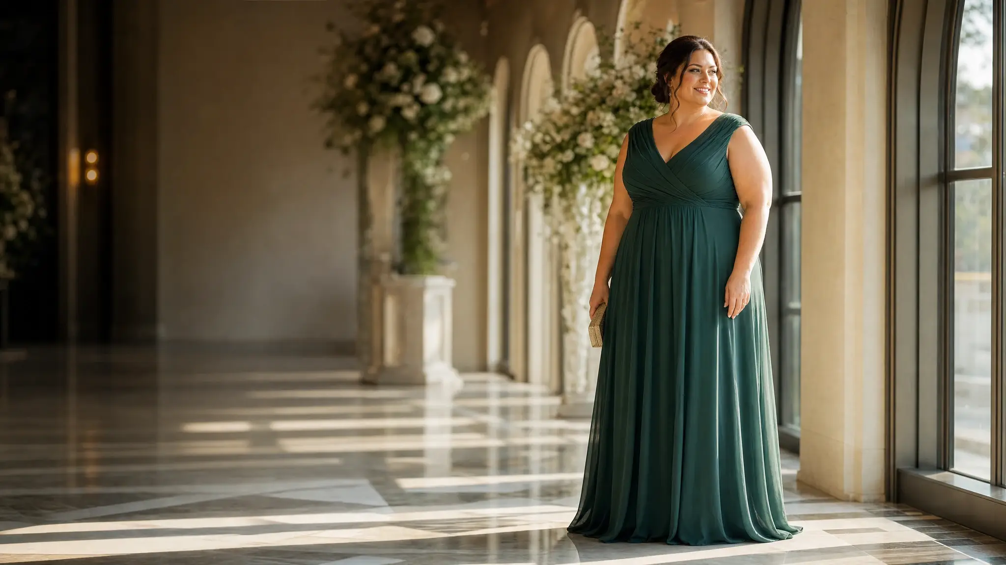 Woman in green dress standing by large windows in elegant, sunlit hallway with floral arrangements