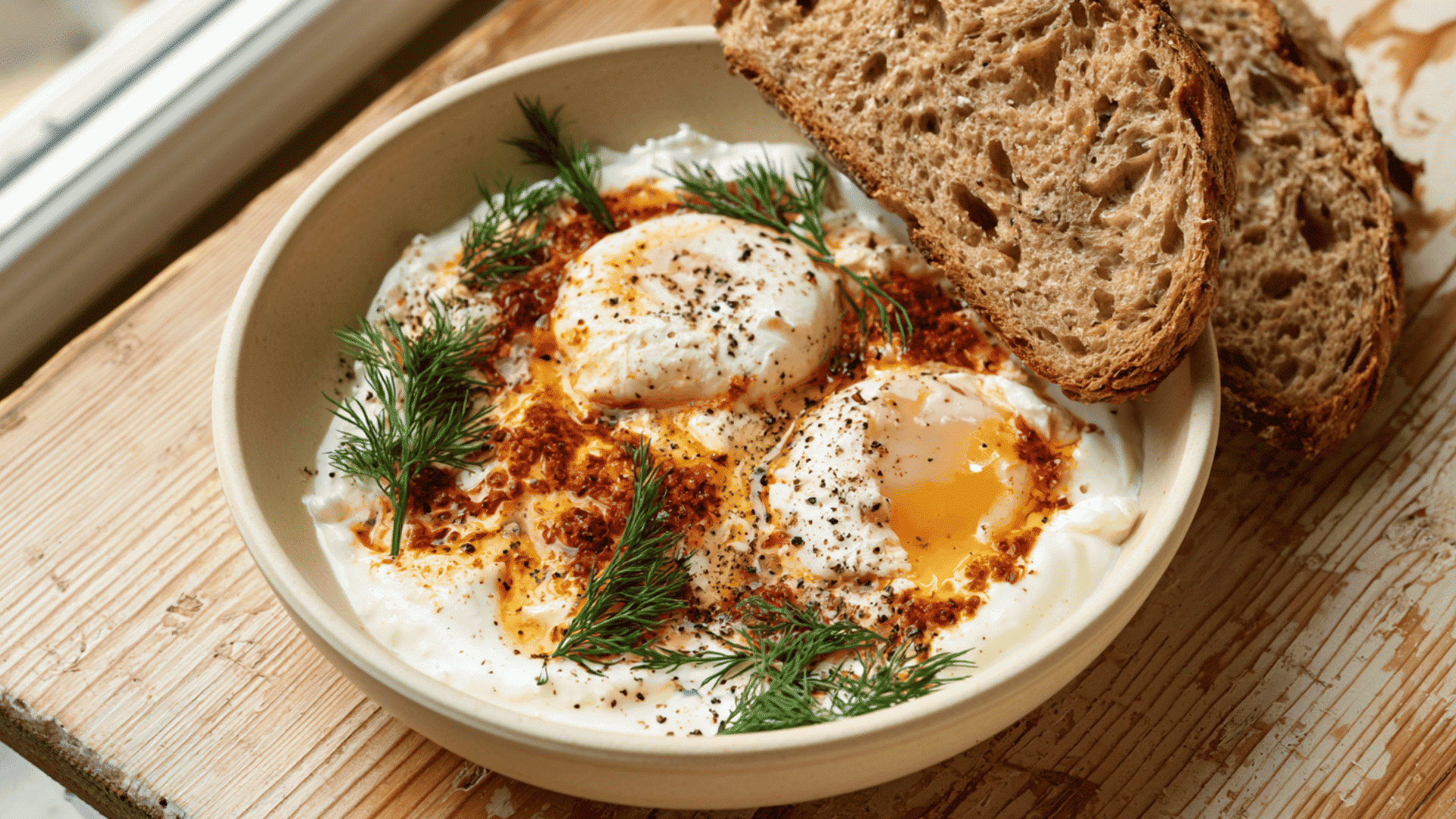 cilbir with poached eggs garlic yogurt chili butter fresh dill and slices of toasted whole grain bread