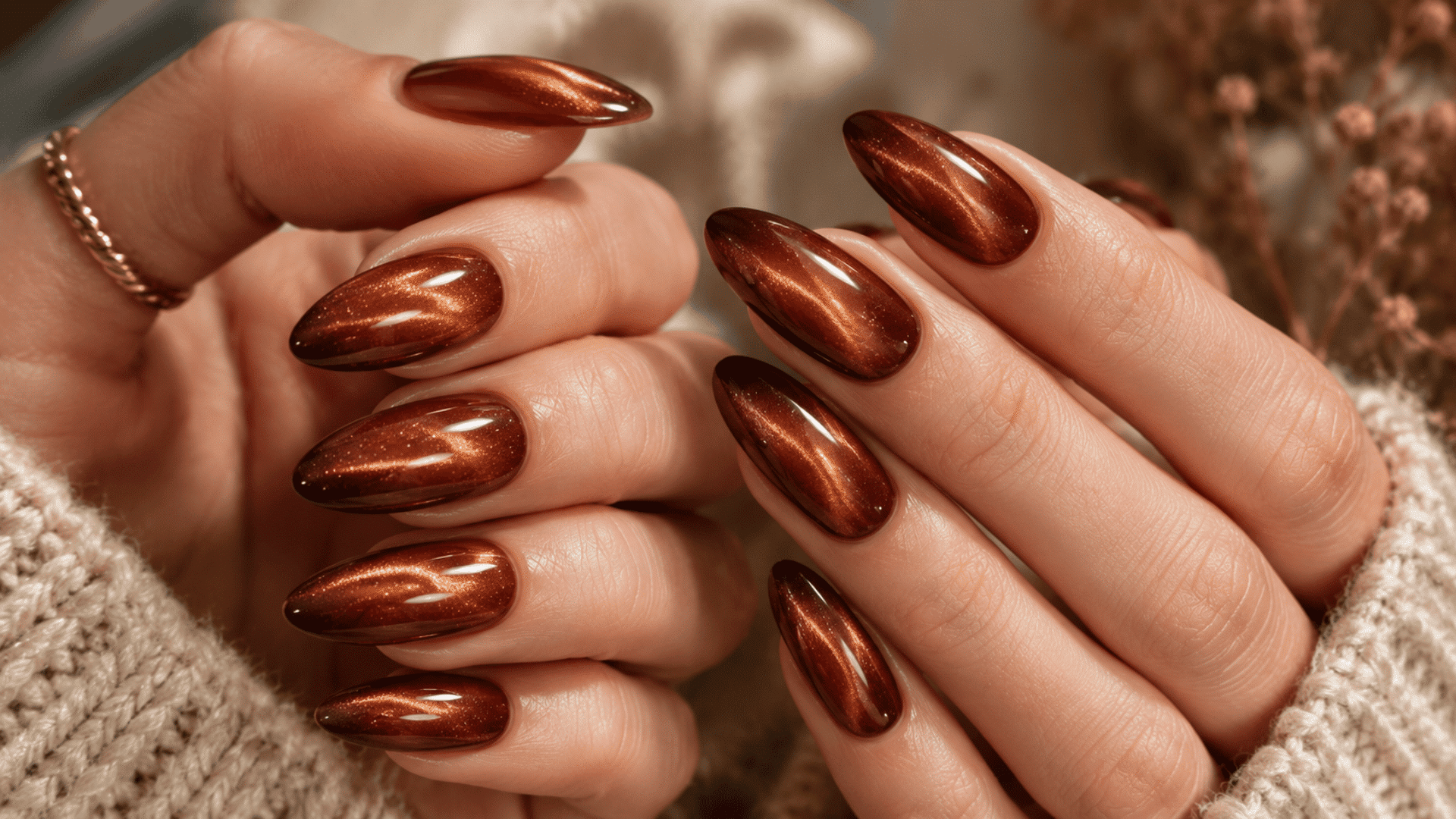 cinnamon cat eye fall ombre nails with warm reddish brown polish and reflective magnetic shimmer on almond shaped nails