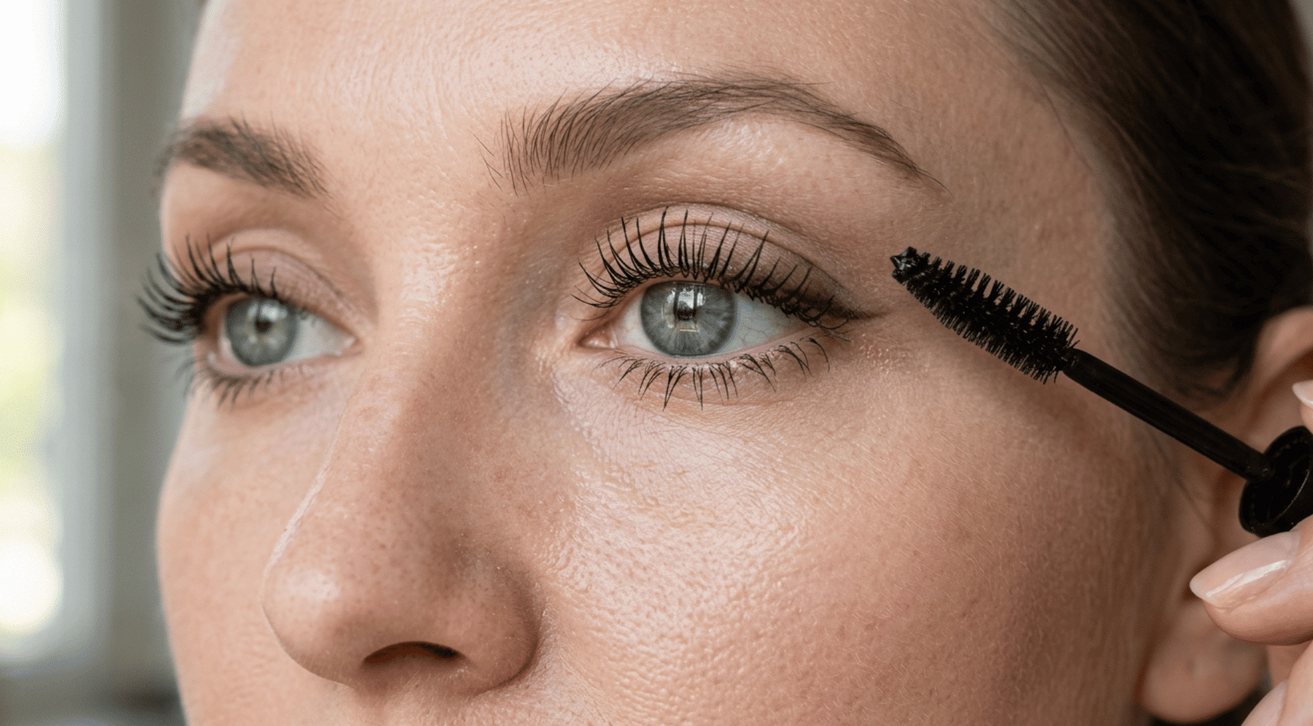 Close-up of defined lashes with a mascara wand showing how tubing mascara coats each lash.