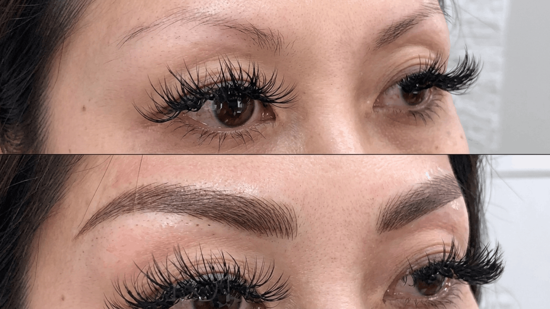 close up of microbladed eyebrows showing fine pigment strokes blended with natural brow hairs for a soft look