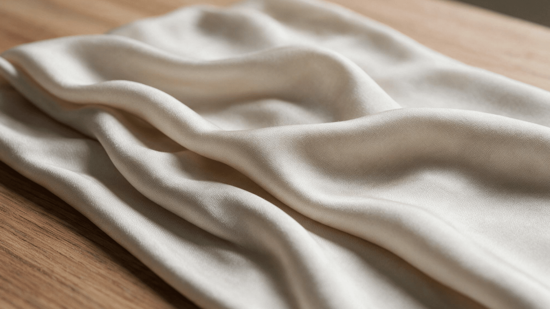 close up of smooth, cream-colored viscose fabric draped across a light wooden surface
