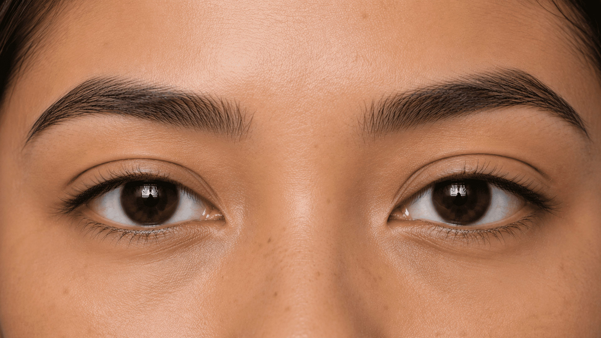 close view of parallel eyelids with brown eyes and natural brows showing creases that follow the upper lash lines