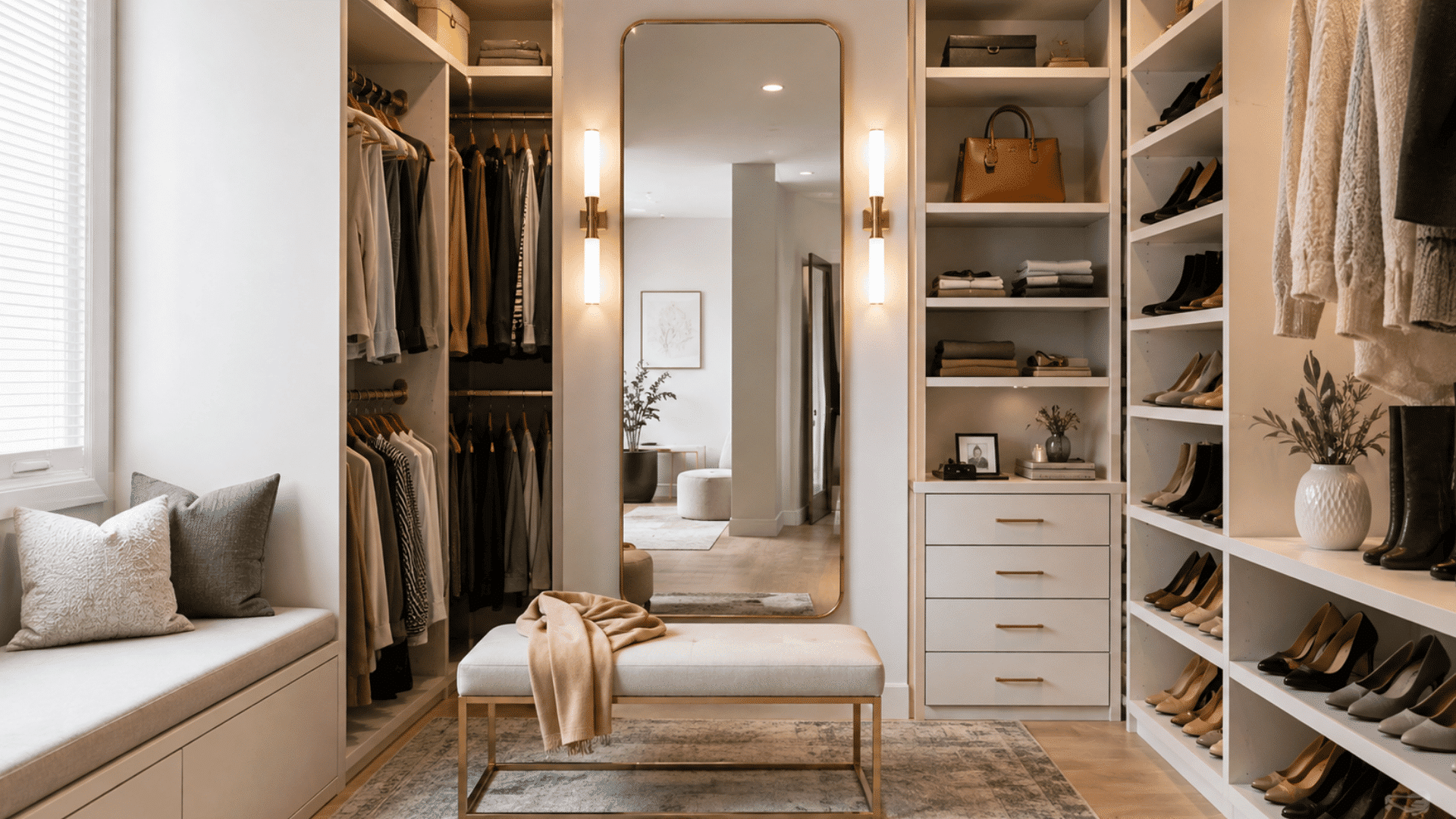 closet dressing area with mirror and seating bench