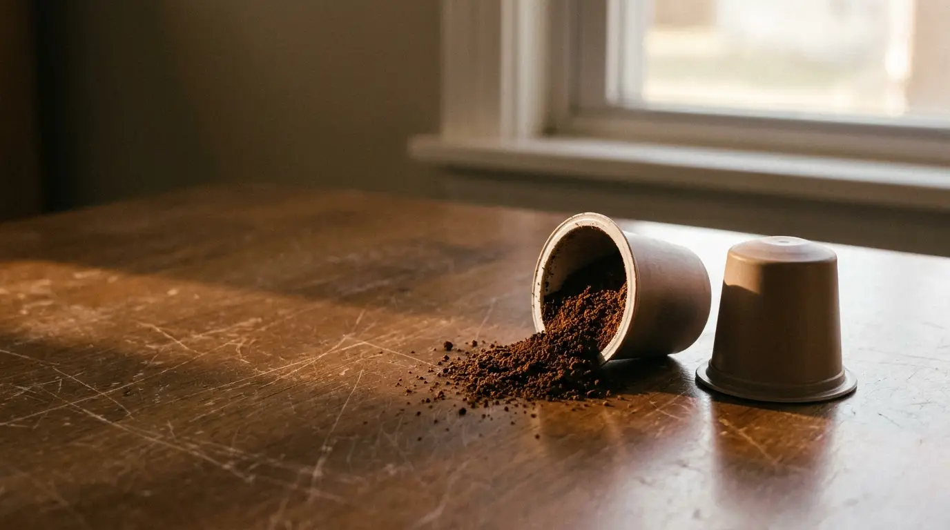 Spilled coffee grounds from capsule on wooden table in sunlight
