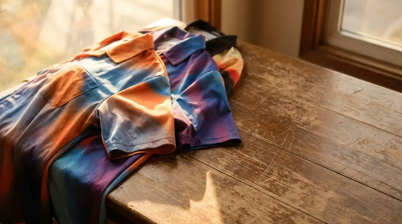 Colorful tie-dye shirts on rustic wooden table in warm natural light