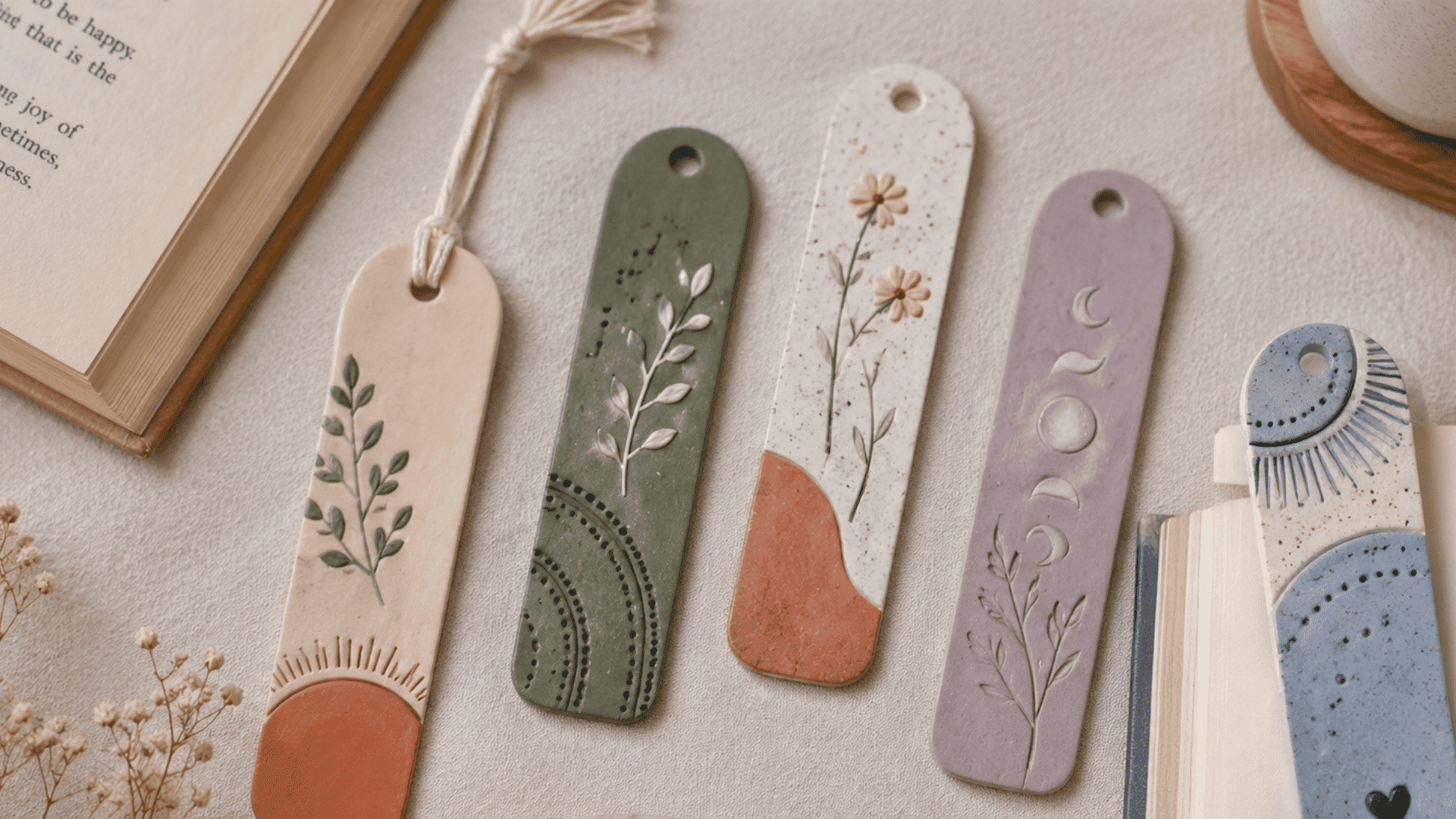 colorful handmade clay bookmarks with decorative patterns placed beside open books