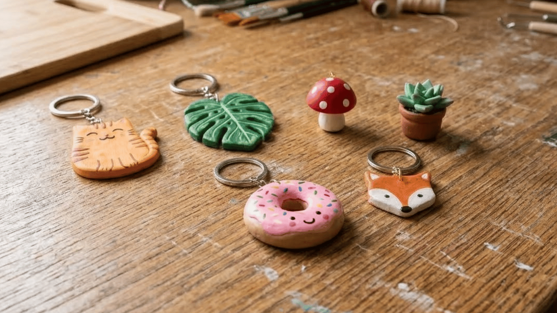 colorful handmade clay keychains with unique shapes and patterns displayed on a workspace