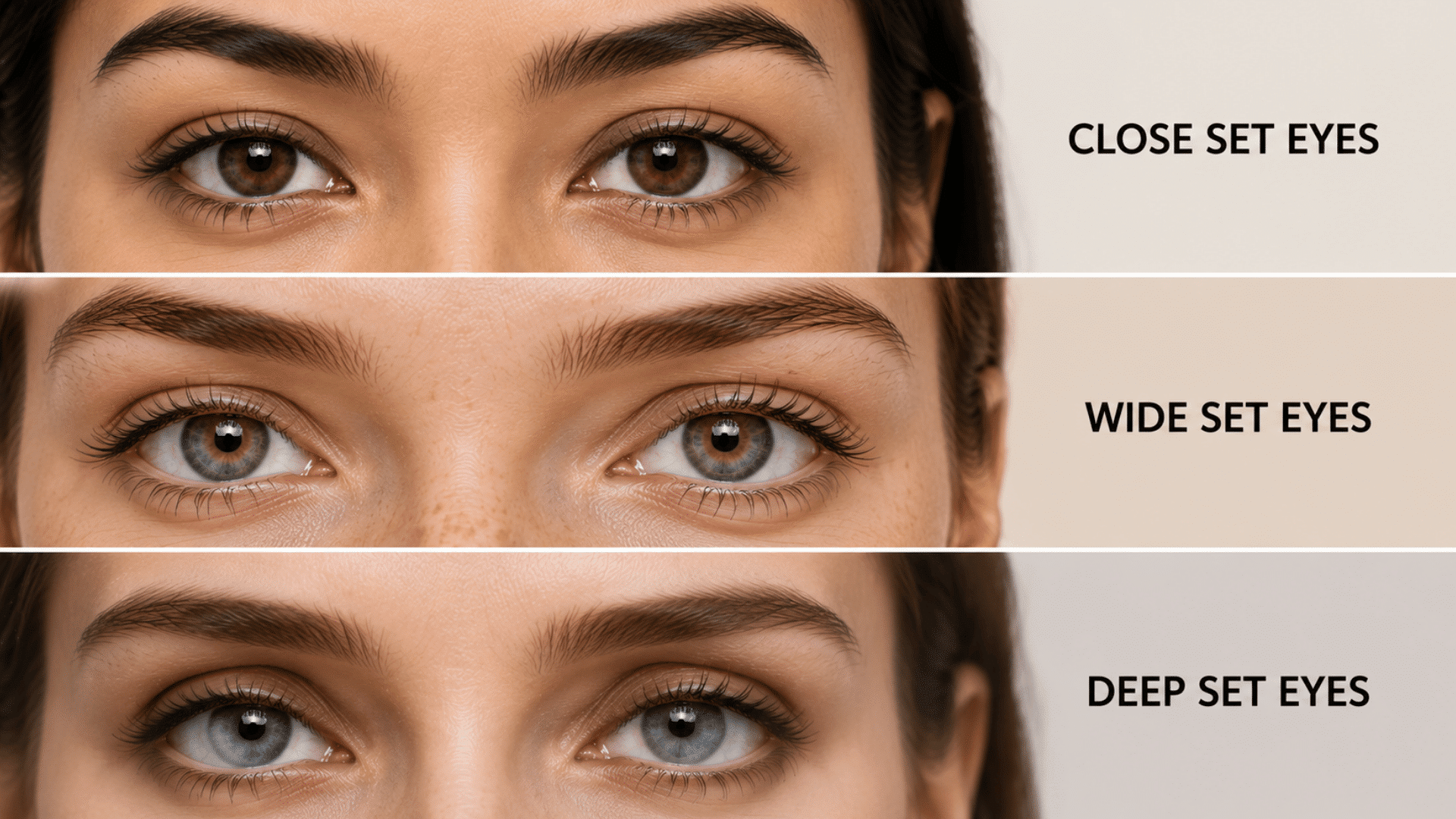 comparison showing close set eyes wide set eyes and deep set eyes with distinct spacing and depth around the nose bridge