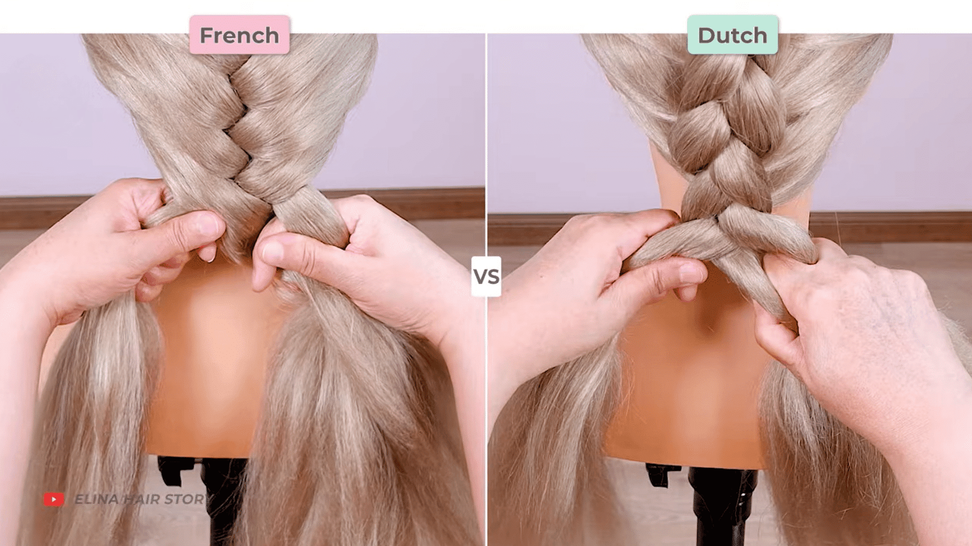 continue a three strand braid below the nape crossing sections evenly before securing the braid with an elastic band