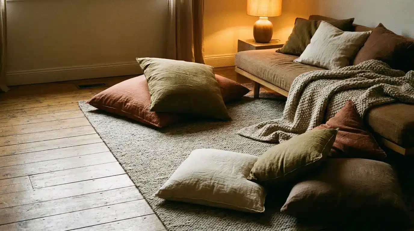 Cozy living room with cushions and throw blanket on wooden floor under warm lamp light