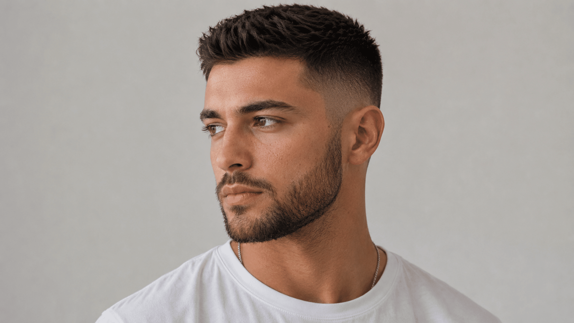 crew cut with short textured top and faded sides creating a clean practical and easy to maintain hairstyle for men