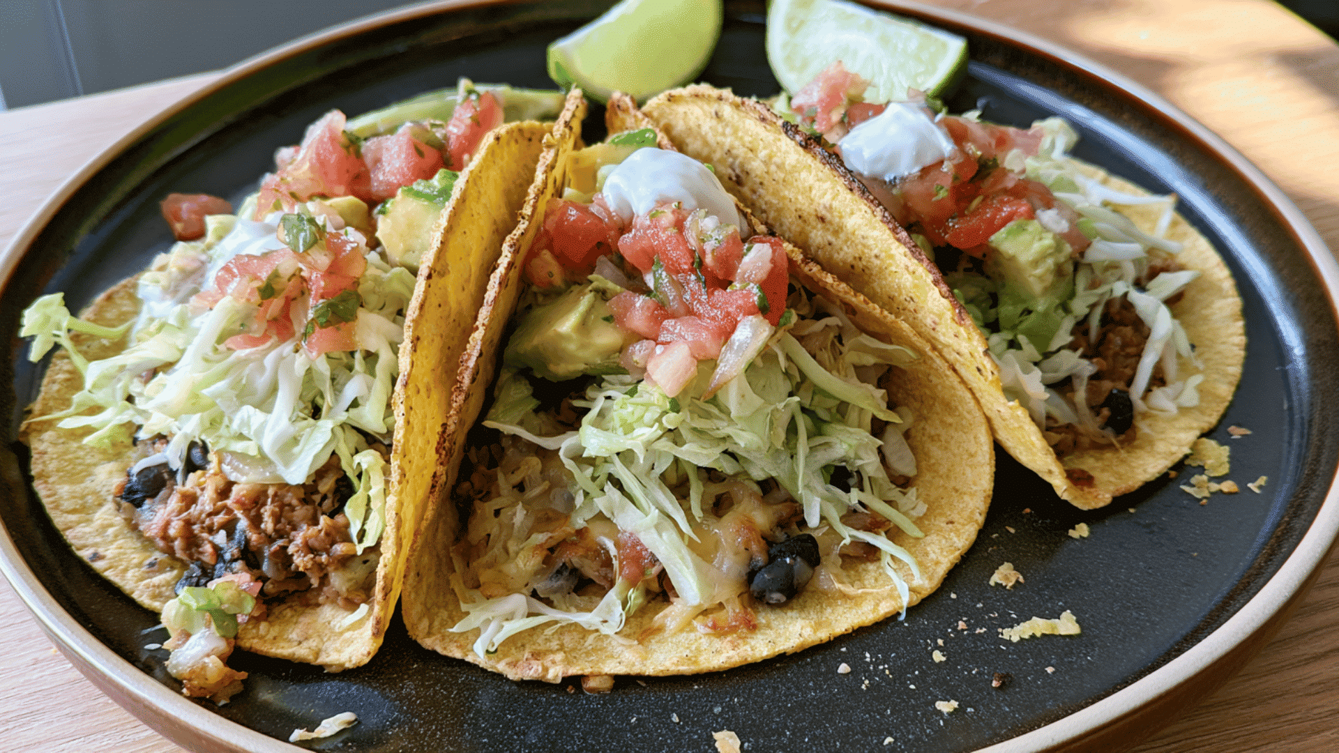crispy baked refried bean tacos with cabbage avocado salsa yogurt and lime wedges on a dark plate
