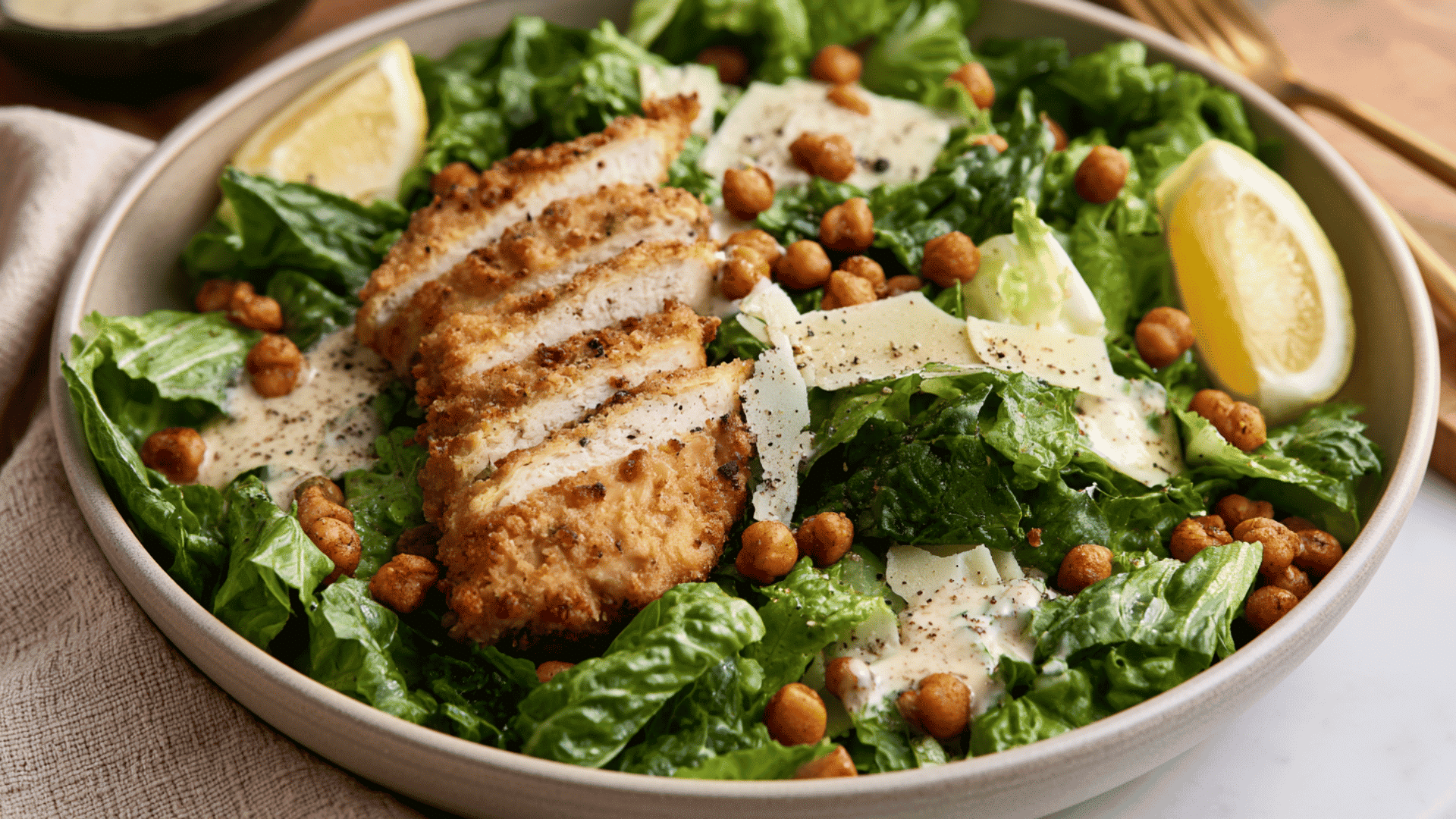 crispy vegan chicken caesar salad with romaine crunchy chickpeas creamy dressing and lemon