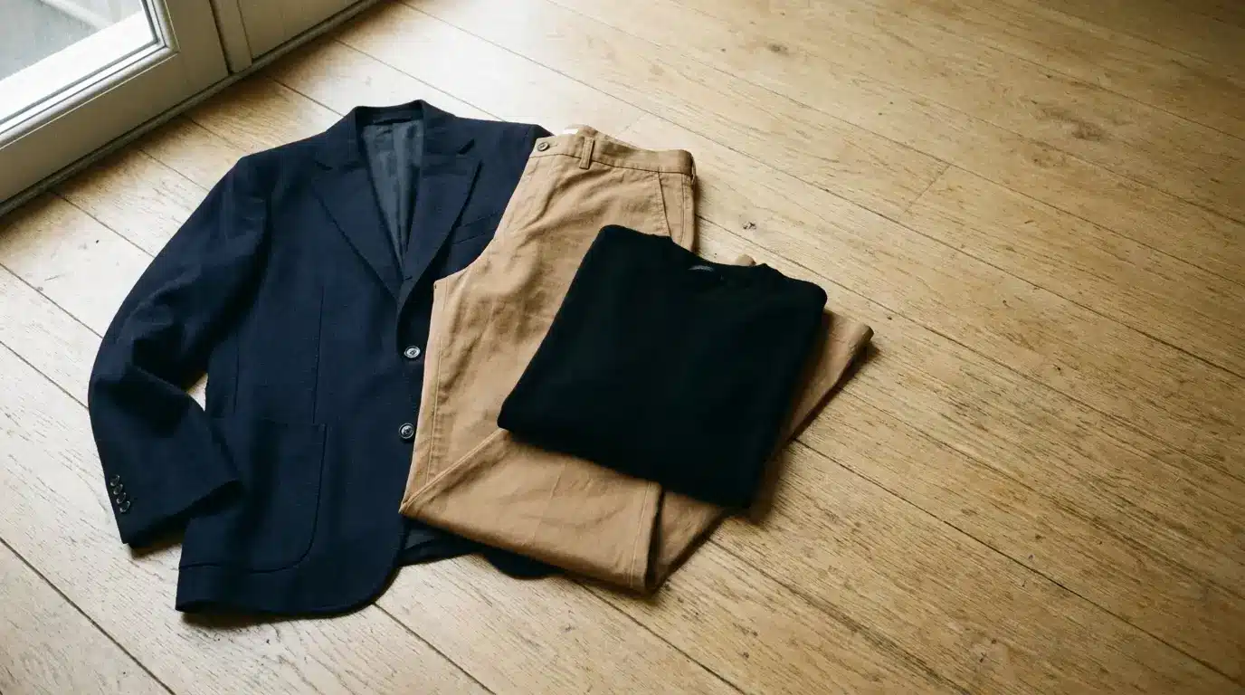 Dark blazer, folded black sweater, and beige pants laid on wooden floor in bright room