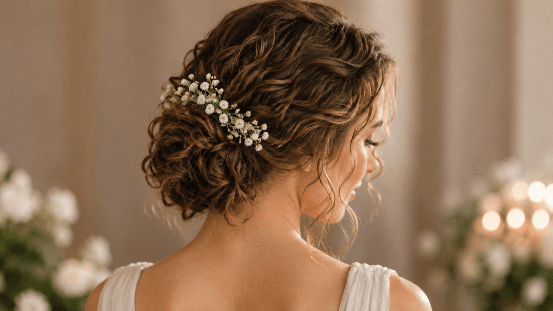 curly low bun hairstyle with natural texture for formal wedding hair