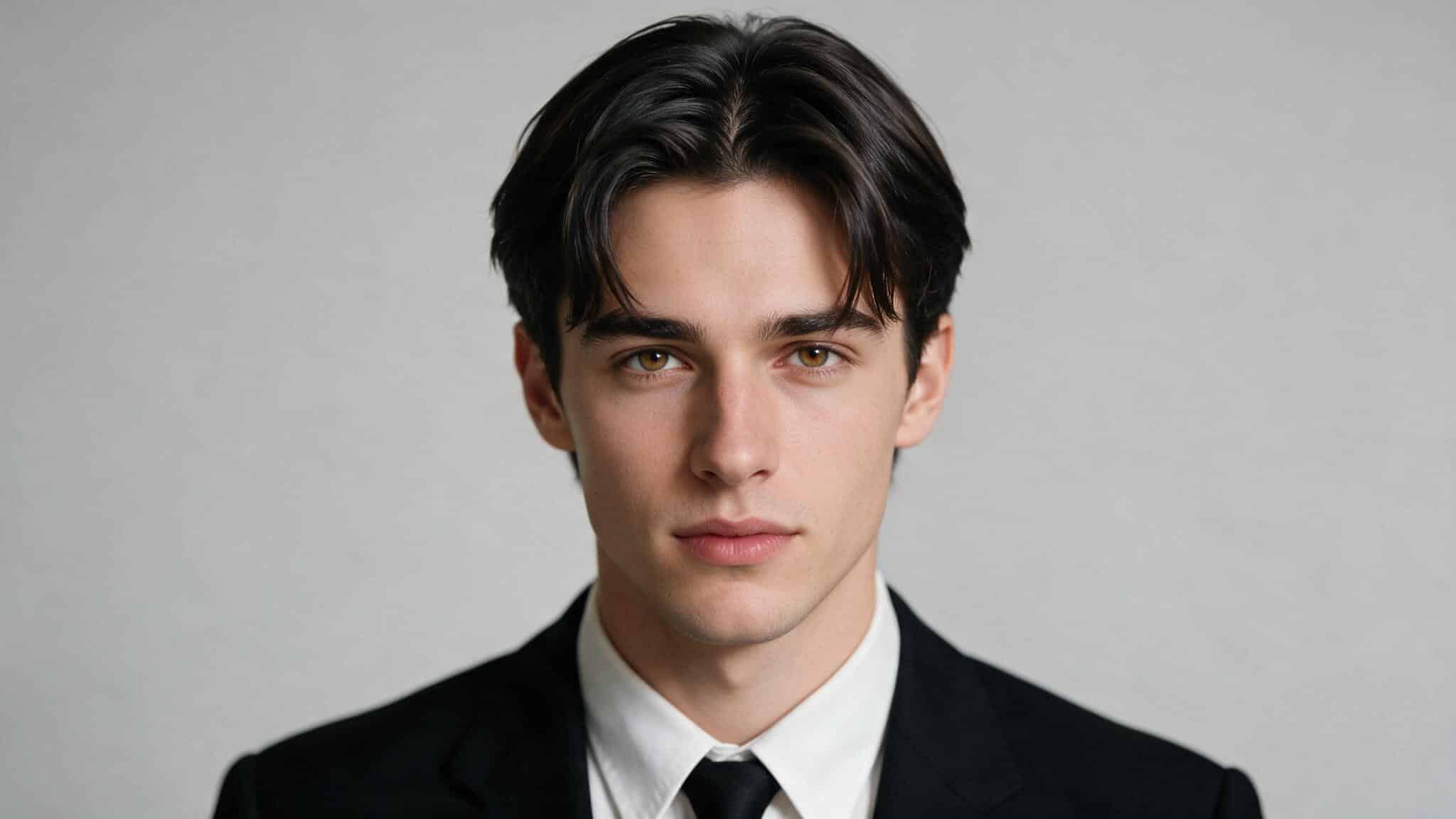 curtain haircut with dark medium length hair center part and soft face framing layers creating a polished hairstyle for men