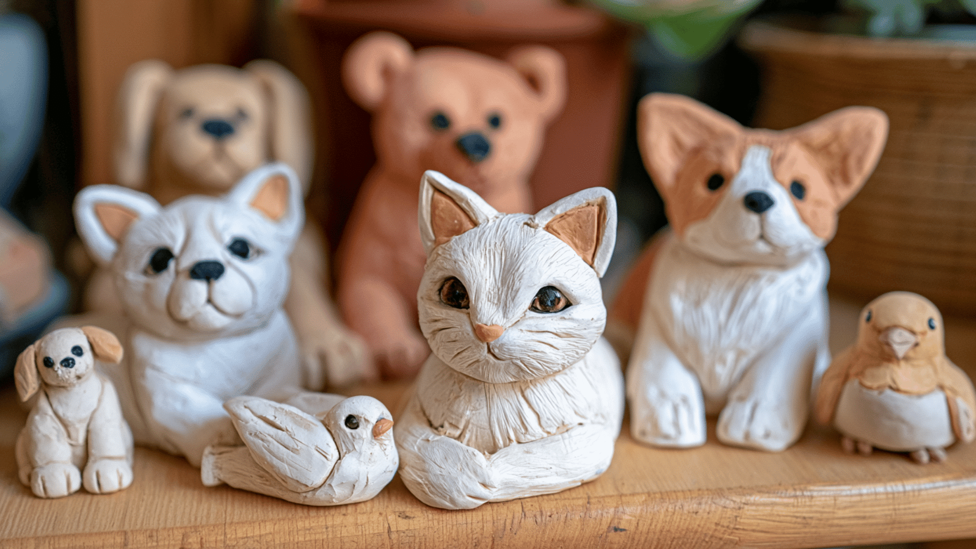 cute handmade clay animal figures with painted details arranged on a craft table