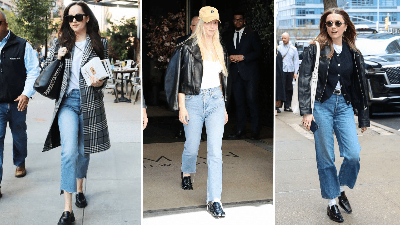 Dakota Johnson, Anya Taylor-Joy and Aimee Lou Wood styling mom jeans with casual streetwear.