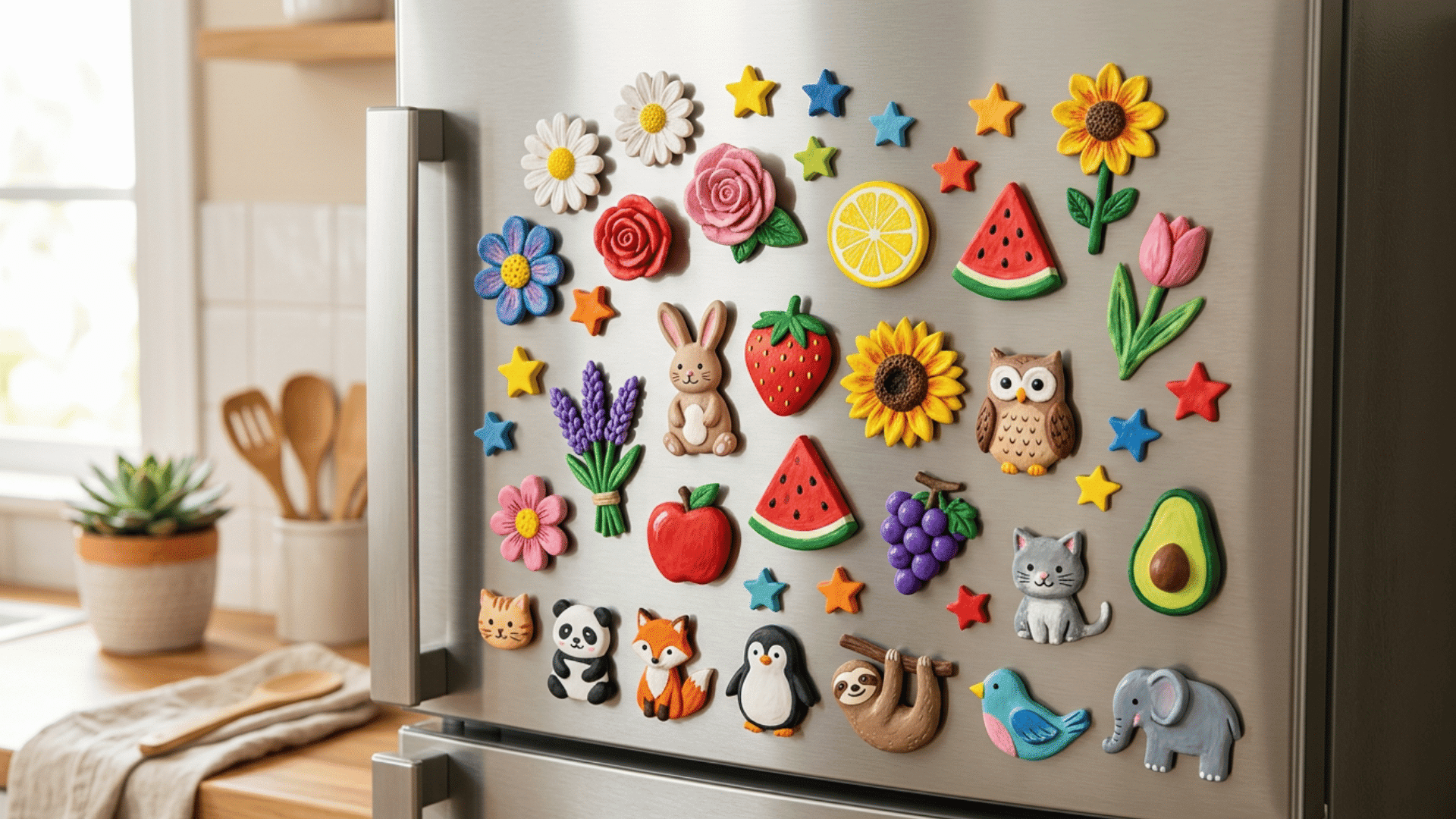 decorative handmade clay magnets with colorful designs displayed on a refrigerator surface