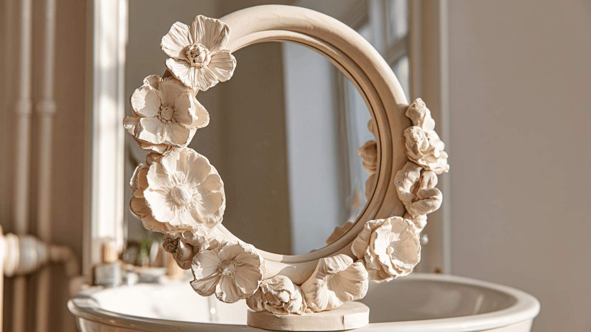 decorative handmade clay mirror frame with textured details in a home interior