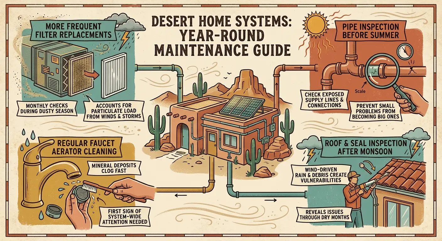 Illustrated desert home maintenance checklist with graphic elements and instructional text throughout