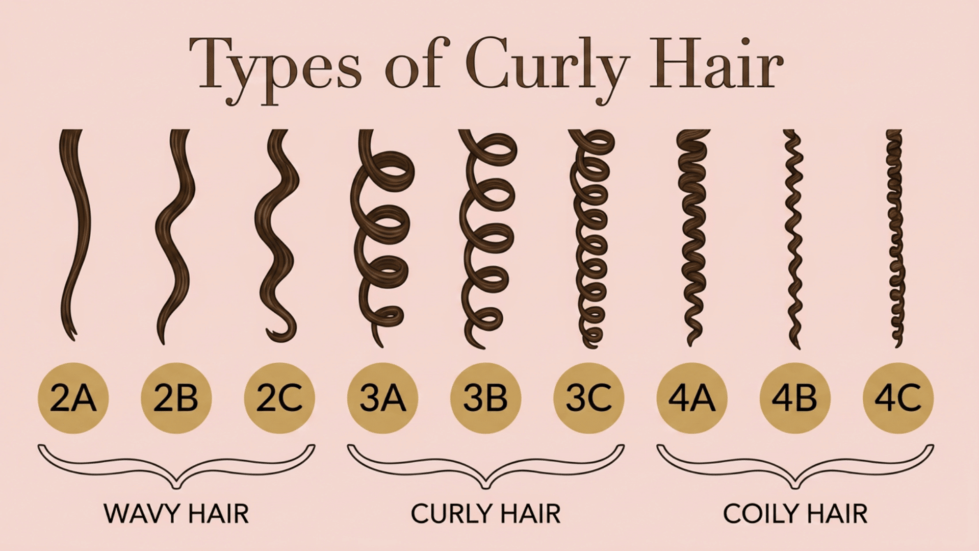 Diagram showing hair curl types from 2A wavy to 4C coily