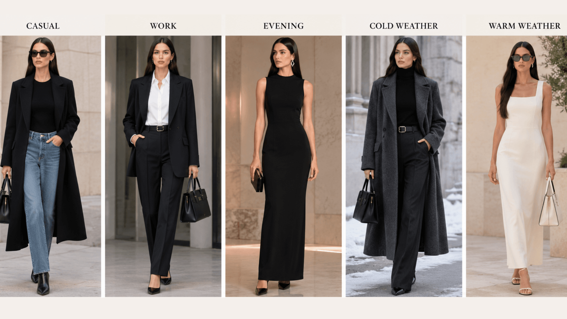 dramatic body type outfit ideas for casual work evening cold weather and warm weather styling